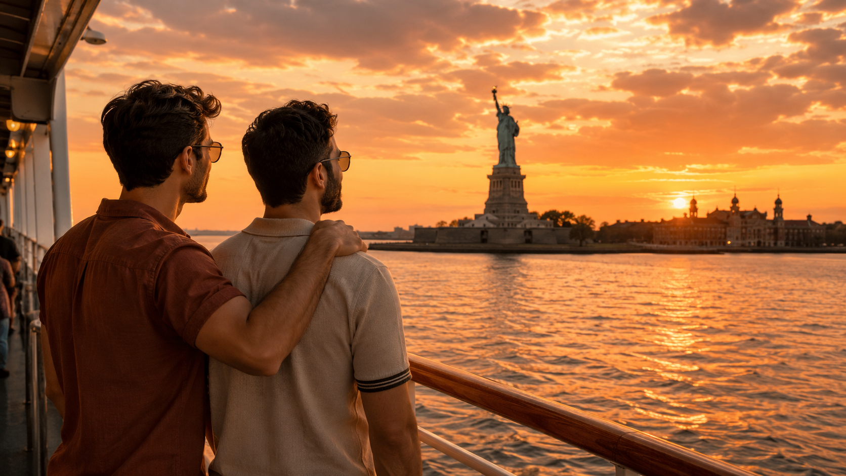 Travelers enjoying a first-time New York City experience at sunset